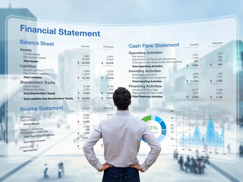 Consulting auditor analyzing Financial Report with Balance Sheet