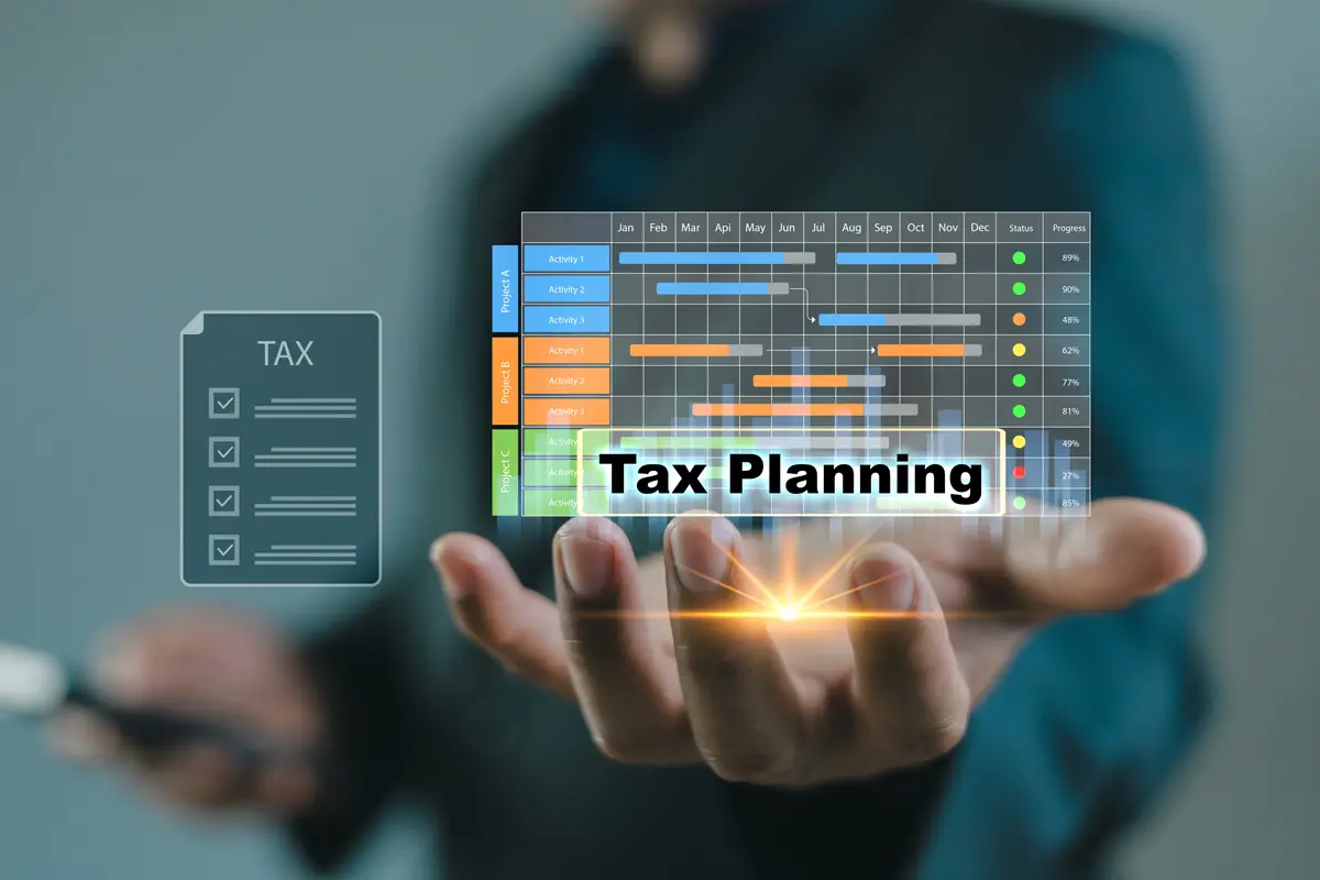 Business professional presenting digital tax planning interface with charts, schedule, and financial dashboard.