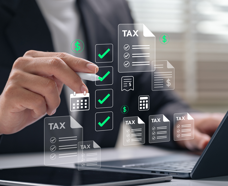 businessman using digital interface to manage online tax filing with checklist, documents, and calendar icons over laptop for financial planning and compliance